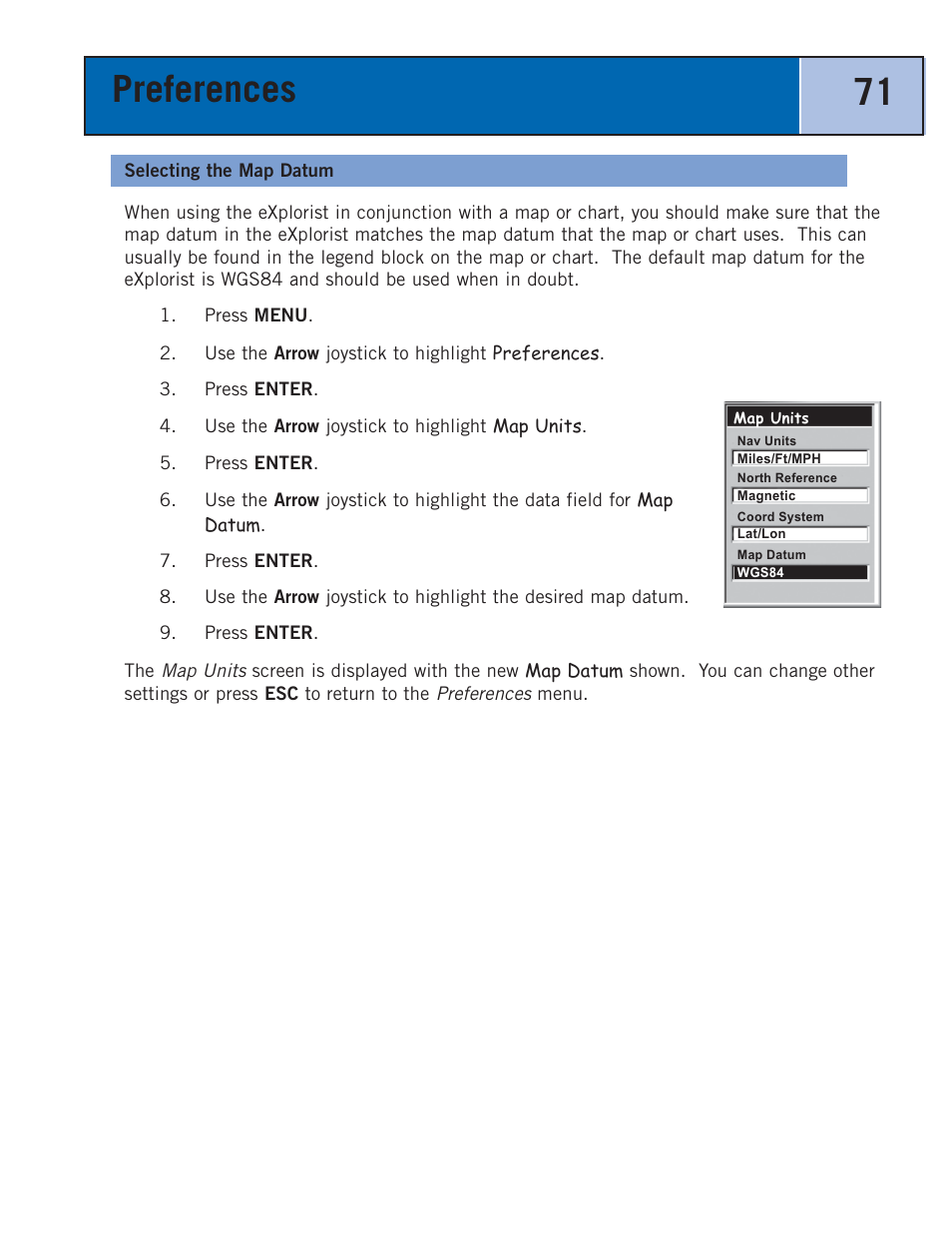 Selecting the map datum, Preferences 71 | Thales Navigation 300 User Manual | Page 77 / 89