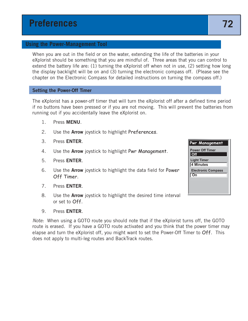 Using the power management tool, Setting the power-off timer, Preferences 72 | Thales Navigation 300 User Manual | Page 78 / 89