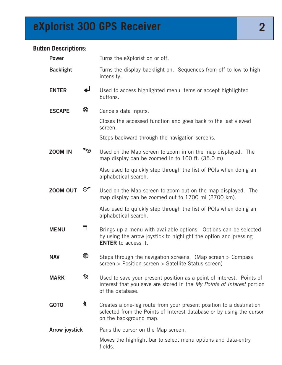 Button descriptions, Explorist 300 gps receiver 2 | Thales Navigation 300 User Manual | Page 8 / 89