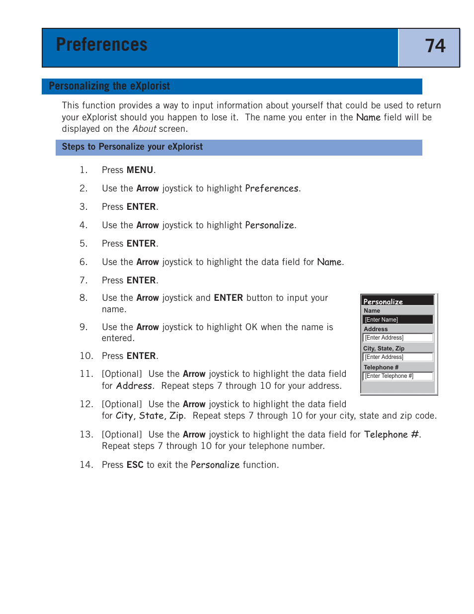 Personlizing the explorist, Steps to personalize your explorist, Personalizing the explorist | Preferences 74 | Thales Navigation 300 User Manual | Page 80 / 89