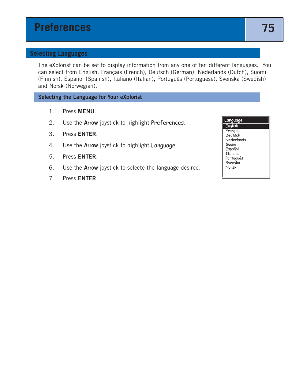 Selecting languages, Selecting the language for your explorist, Preferences 75 | Thales Navigation 300 User Manual | Page 81 / 89