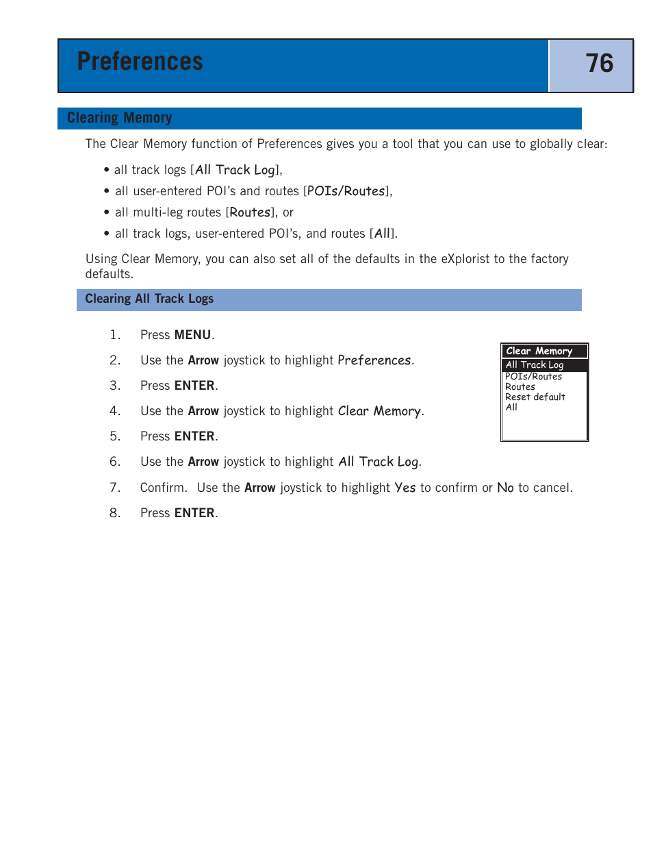 Clearing memory, Clearing all track logs, Technical support | Warranty service, Preferences 76 | Thales Navigation 300 User Manual | Page 82 / 89
