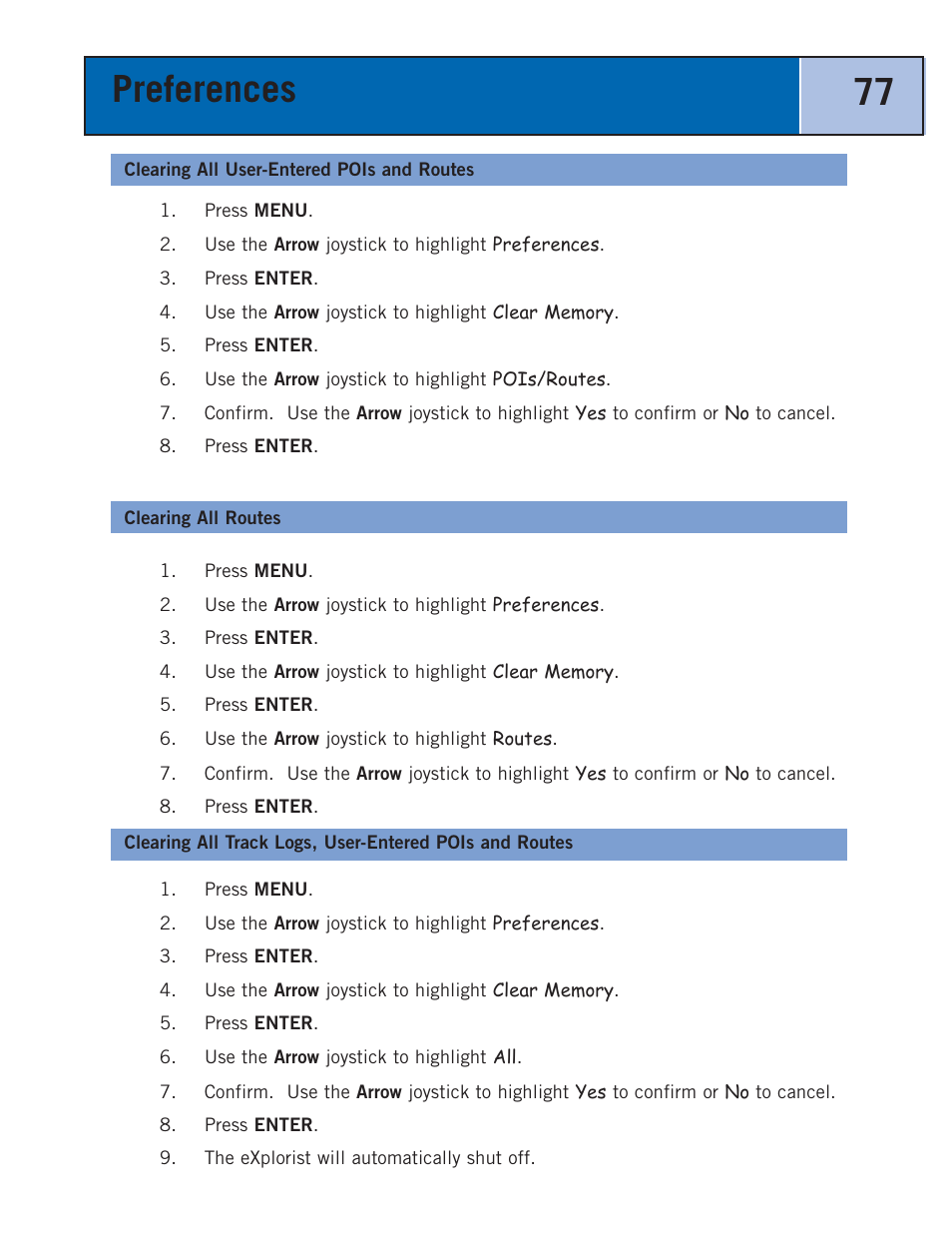 Clearing all user-entered pois and routes, Clearing all routes, Preferences 77 | Thales Navigation 300 User Manual | Page 83 / 89