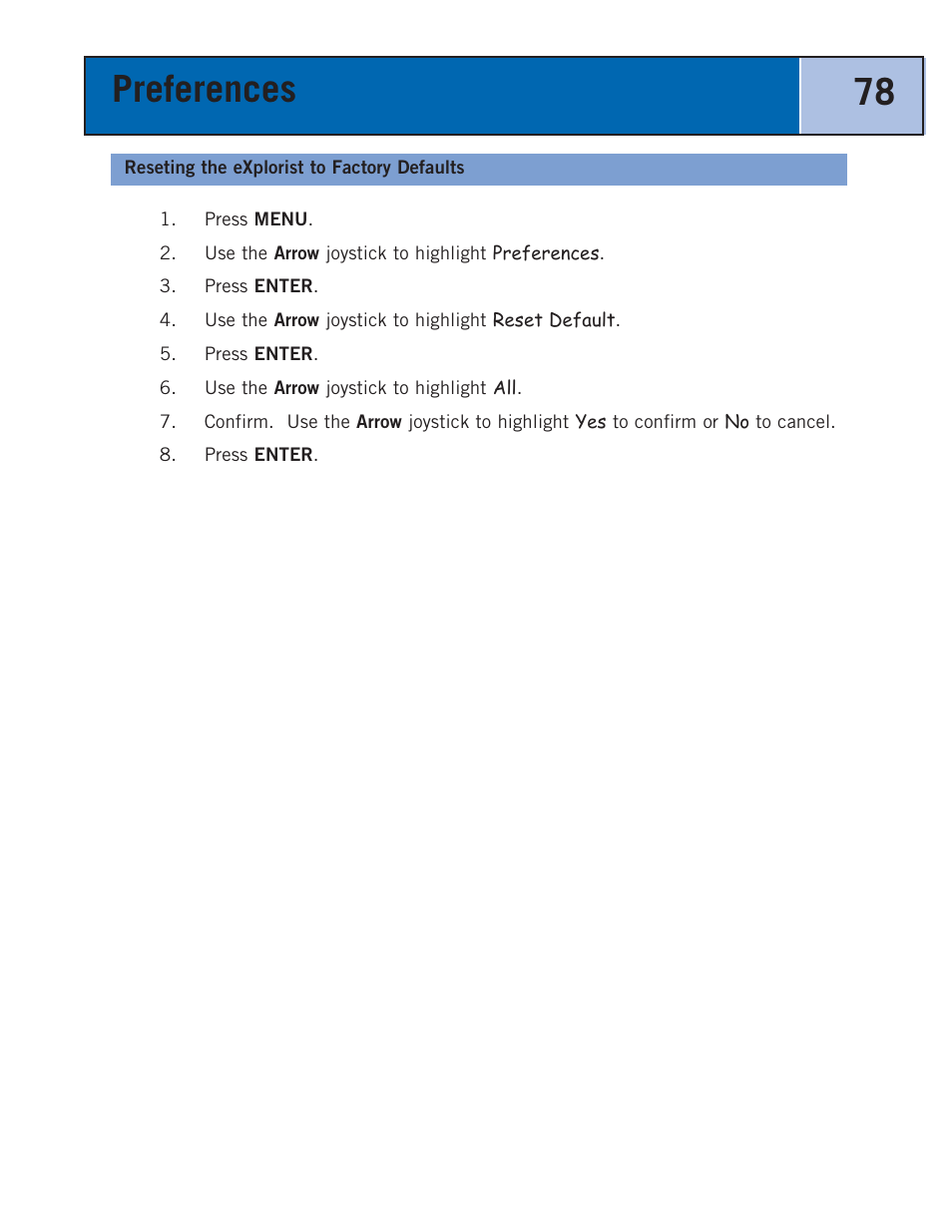 Reseting the explorist to factory defaults, Preferences 78 | Thales Navigation 300 User Manual | Page 84 / 89