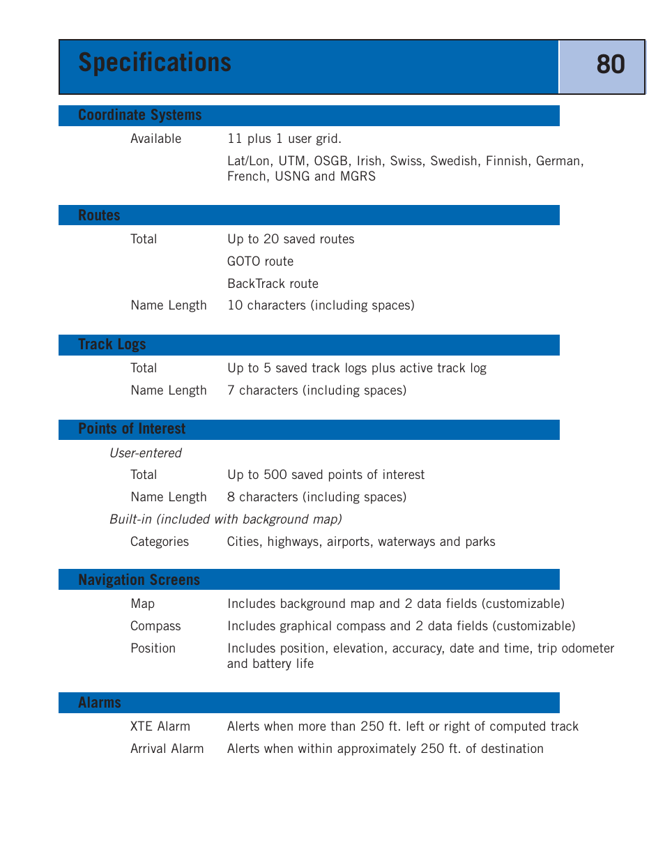 Coordinate systems, Routes, Track logs | Points of interest, Navigation screens, Alarms, Specifications 80 | Thales Navigation 300 User Manual | Page 86 / 89