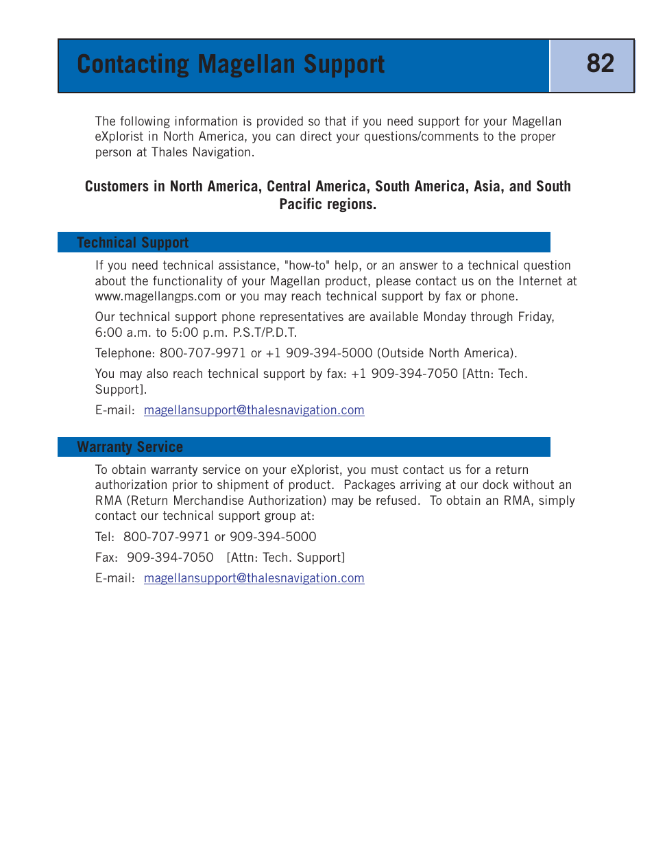 Contacting magellan support | Thales Navigation 300 User Manual | Page 88 / 89
