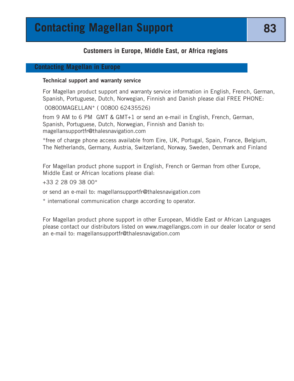 Contacting magellan support 83 | Thales Navigation 300 User Manual | Page 89 / 89