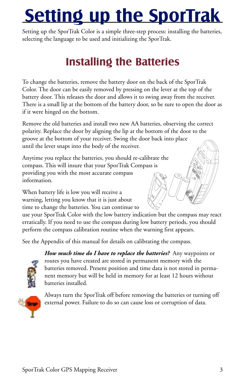 Setting up the sportrak, Installing the batteries | Thales Navigation Magellan Car GPS Receiver User Manual | Page 13 / 48