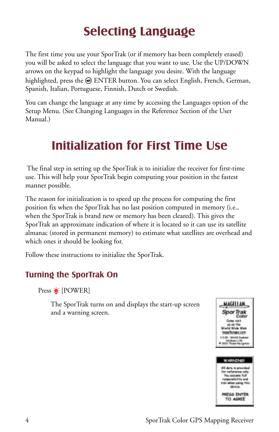 Selecting language, Initialization for first time use | Thales Navigation Magellan Car GPS Receiver User Manual | Page 14 / 48