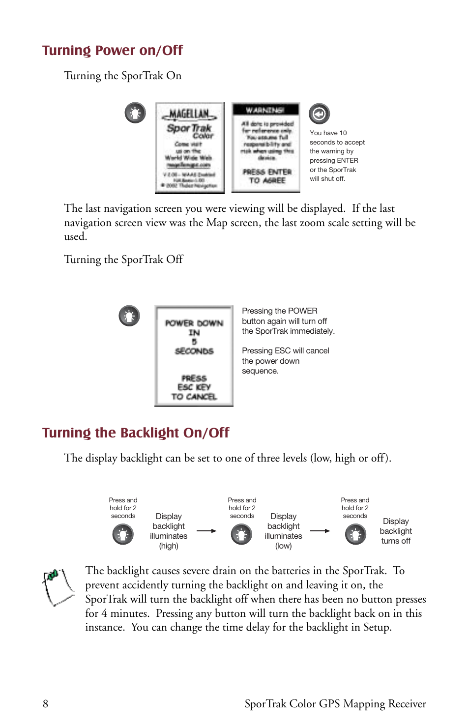Turning power on/off, Turning the backlight on/off, 8sportrak color gps mapping receiver | Thales Navigation Magellan Car GPS Receiver User Manual | Page 18 / 48
