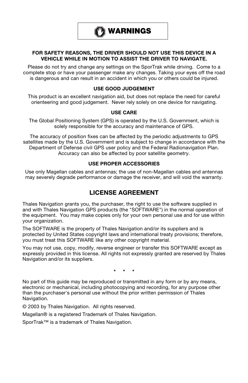 Warnings, License agreement | Thales Navigation Magellan Car GPS Receiver User Manual | Page 2 / 48