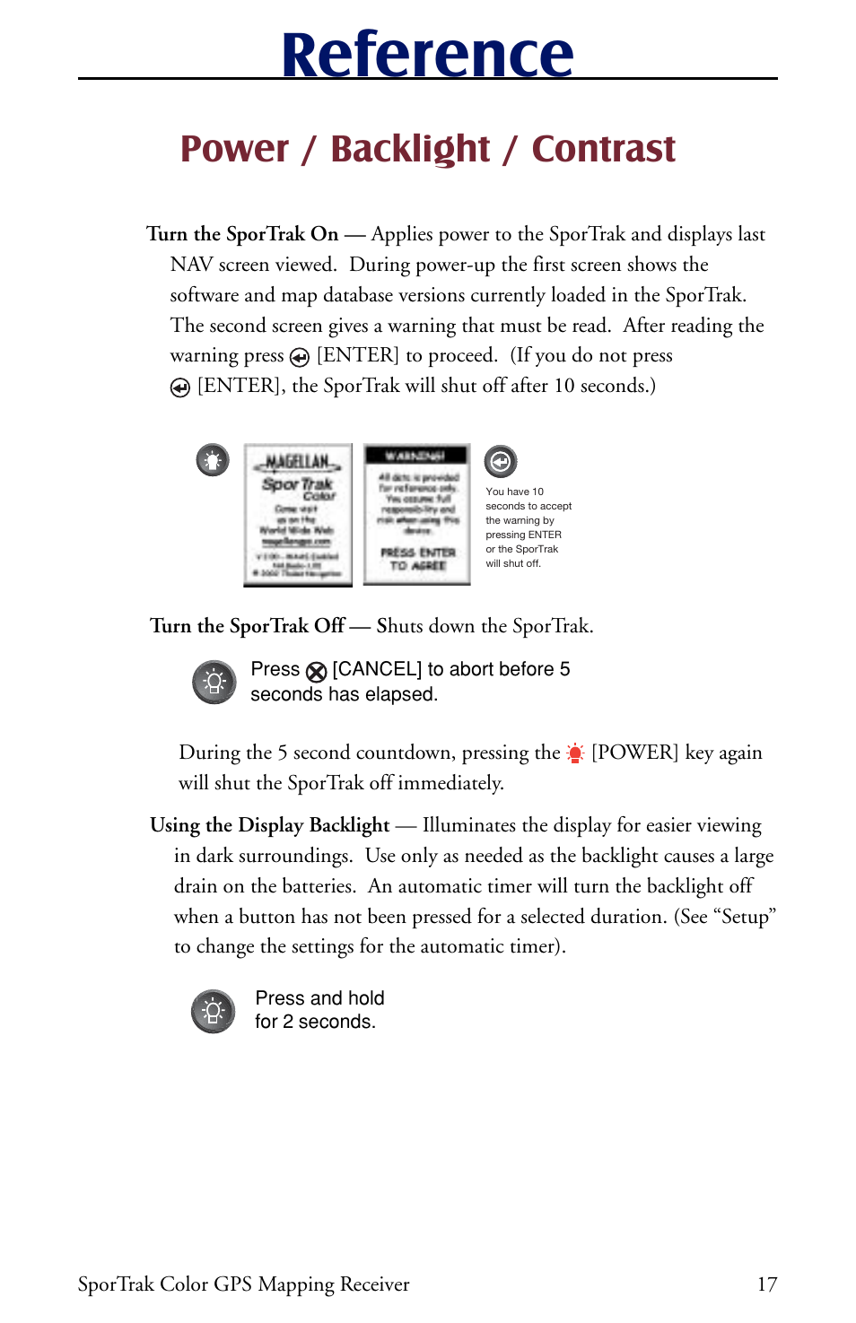 Reference, Power / backlight / contrast | Thales Navigation Magellan Car GPS Receiver User Manual | Page 27 / 48