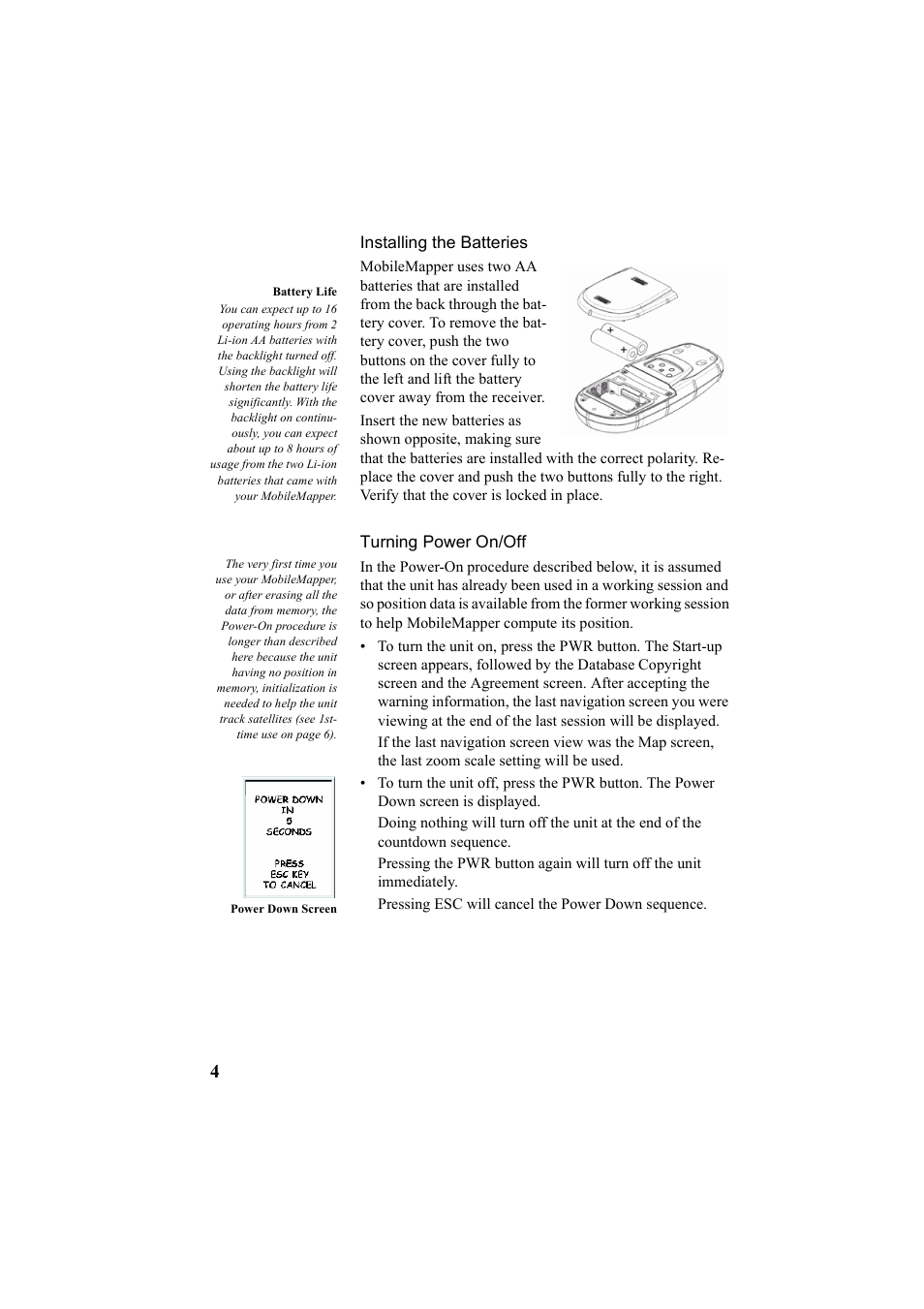 Installing the batteries, Turning power on/off, Installing the batteries turning power on/off | Thales Navigation Mobile Mapper User Manual | Page 10 / 128