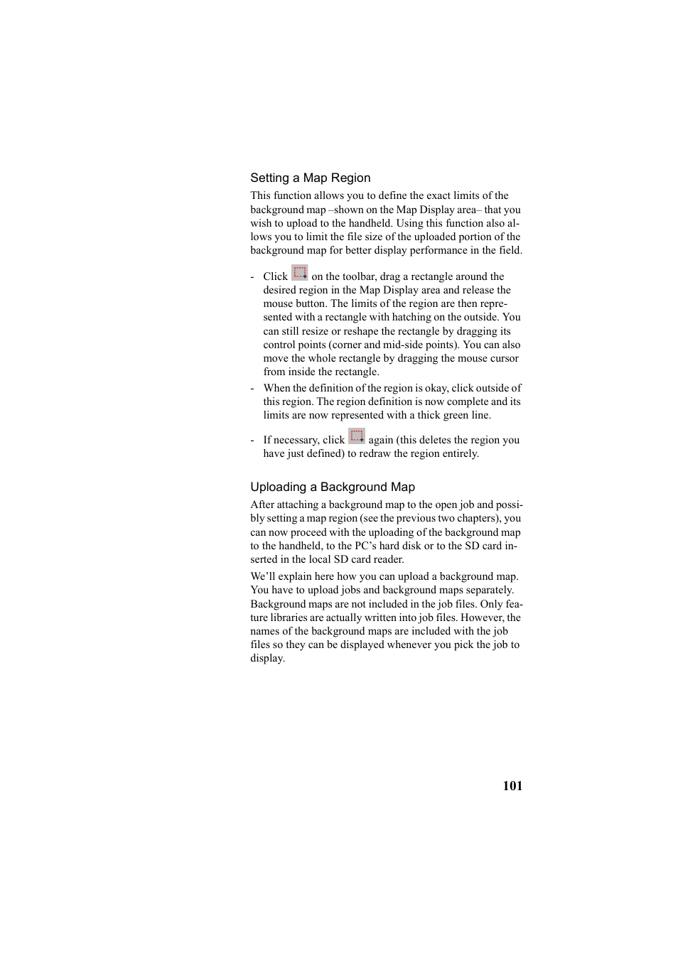 Setting a map region, Uploading a background map, Setting a map region uploading a background map | Thales Navigation Mobile Mapper User Manual | Page 107 / 128