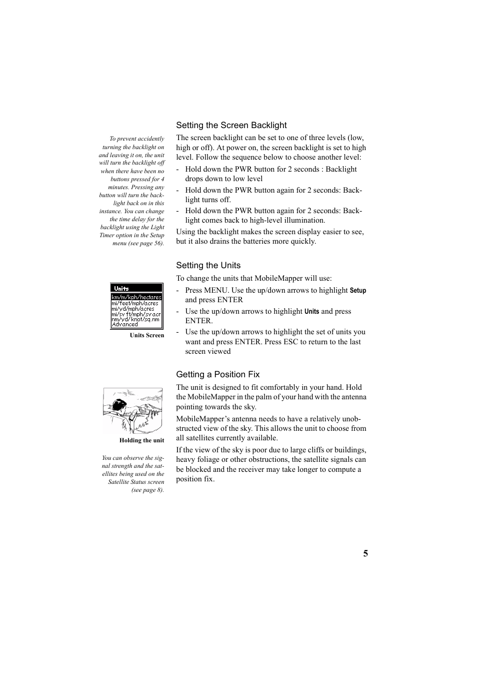 Setting the screen backlight, Setting the units, Getting a position fix | Thales Navigation Mobile Mapper User Manual | Page 11 / 128