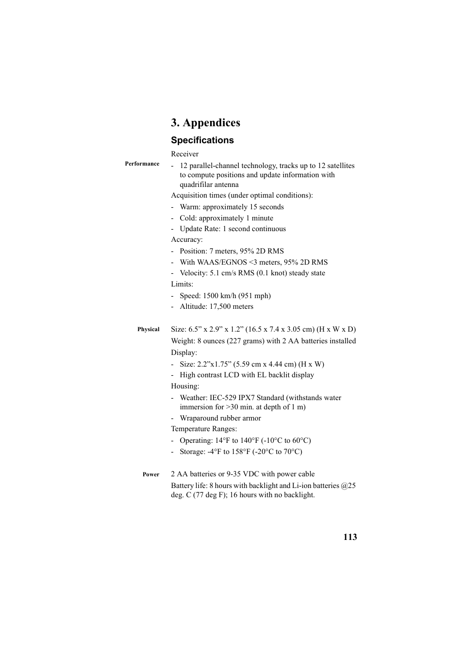 Appendices, Specifications | Thales Navigation Mobile Mapper User Manual | Page 119 / 128
