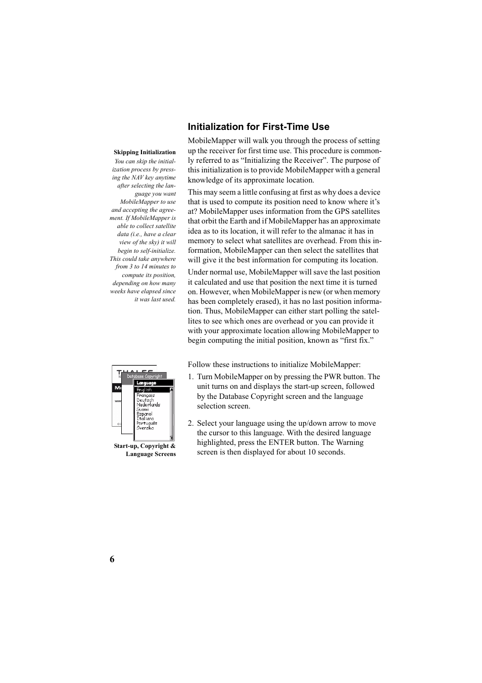 Initialization for first-time use, 6initialization for first-time use | Thales Navigation Mobile Mapper User Manual | Page 12 / 128