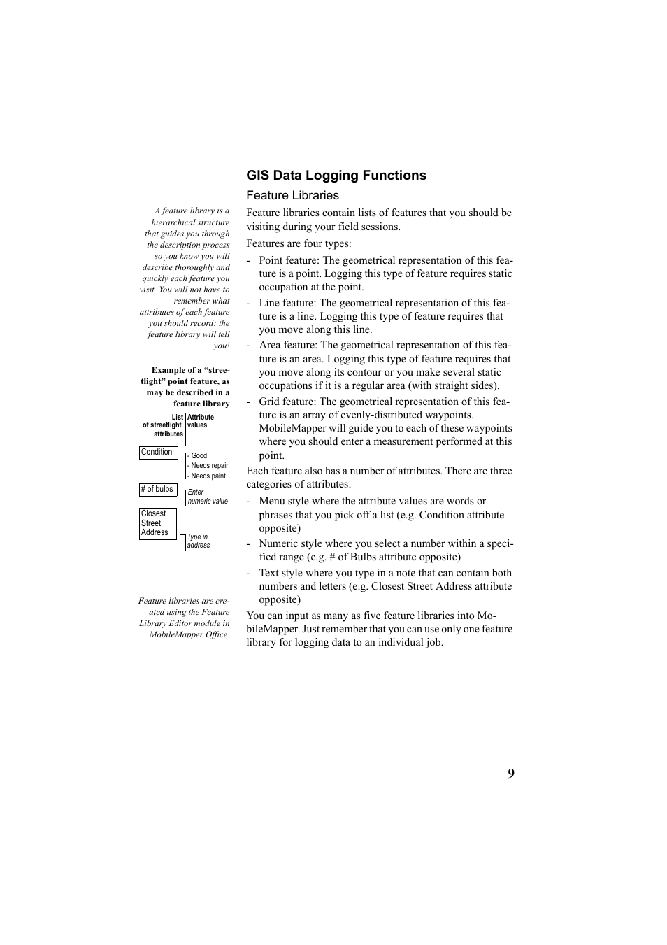 Gis data logging functions, Feature libraries, 9gis data logging functions | Thales Navigation Mobile Mapper User Manual | Page 15 / 128