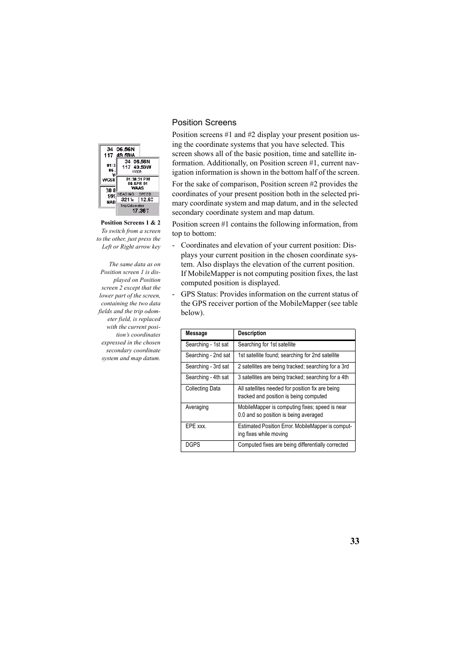 Position screens | Thales Navigation Mobile Mapper User Manual | Page 39 / 128