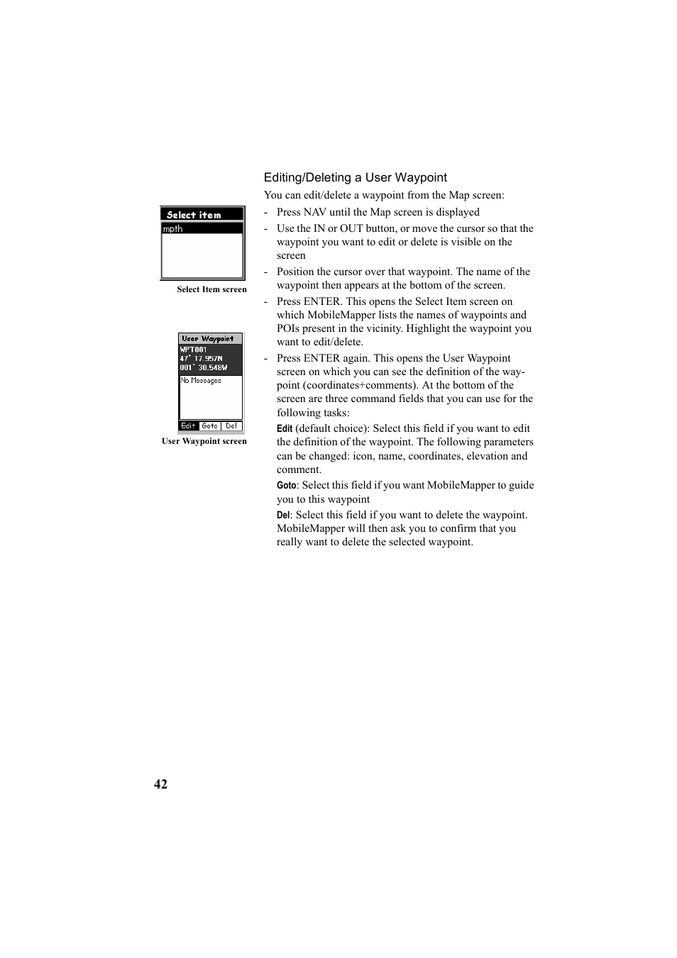 Editing/deleting a user waypoint | Thales Navigation Mobile Mapper User Manual | Page 48 / 128
