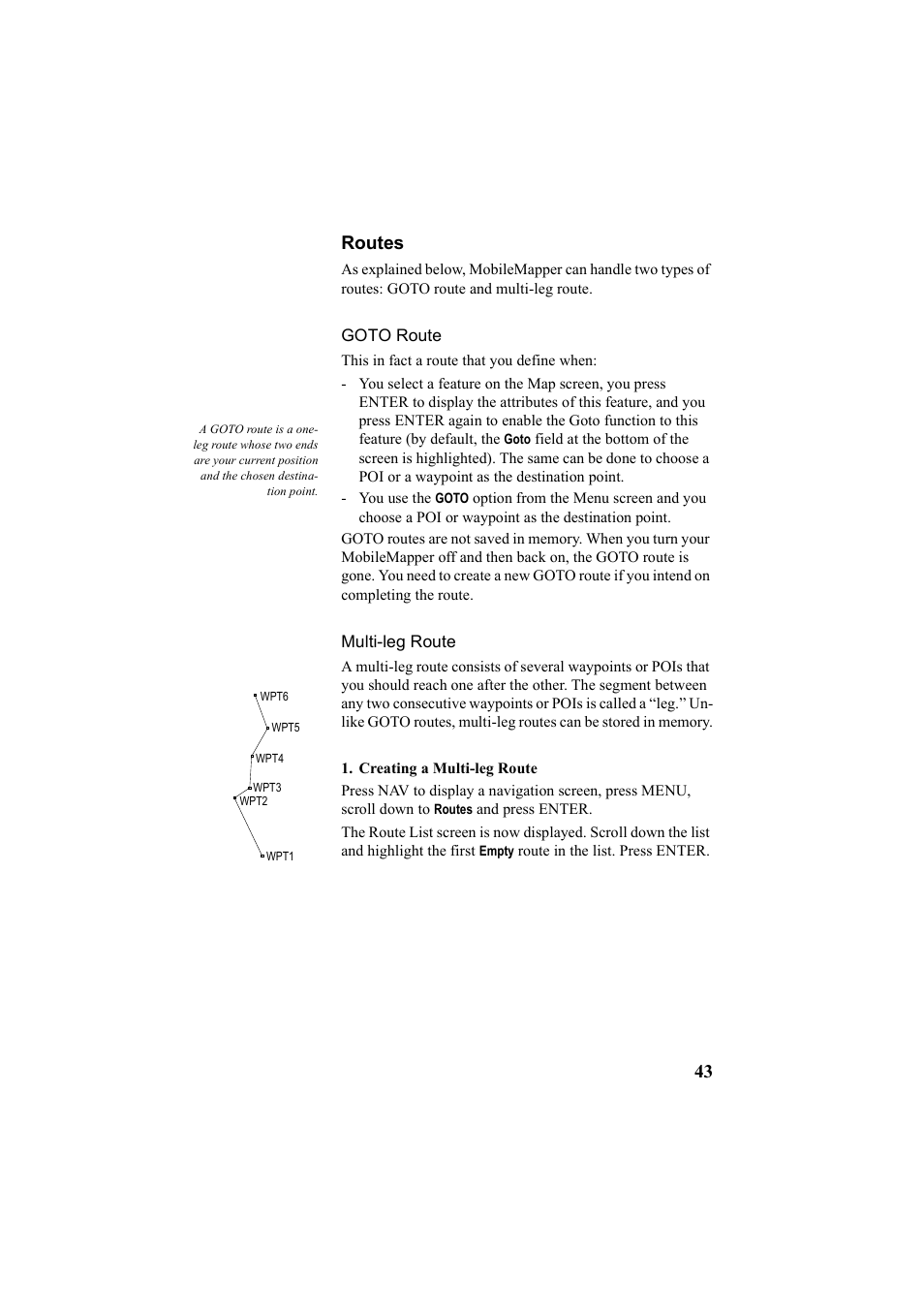 Routes, Goto route, Multi-leg route | Goto route multi-leg route, Creating a multi-leg route, Inserting new features to the feature library | Thales Navigation Mobile Mapper User Manual | Page 49 / 128