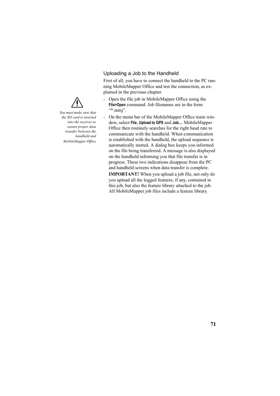 Uploading a job to the handheld | Thales Navigation Mobile Mapper User Manual | Page 77 / 128