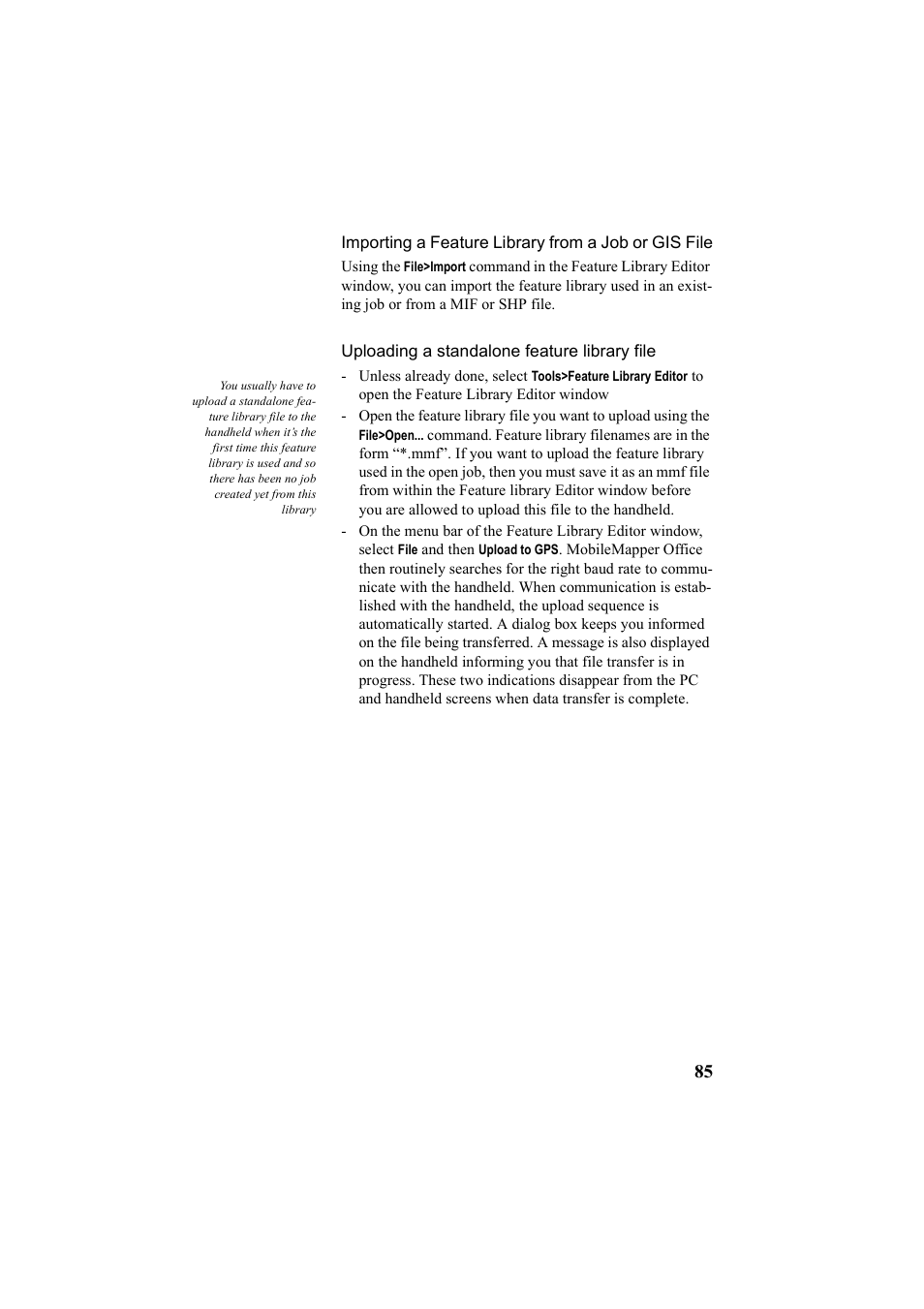 Importing a feature library from a job or gis file, Uploading a standalone feature library file | Thales Navigation Mobile Mapper User Manual | Page 91 / 128