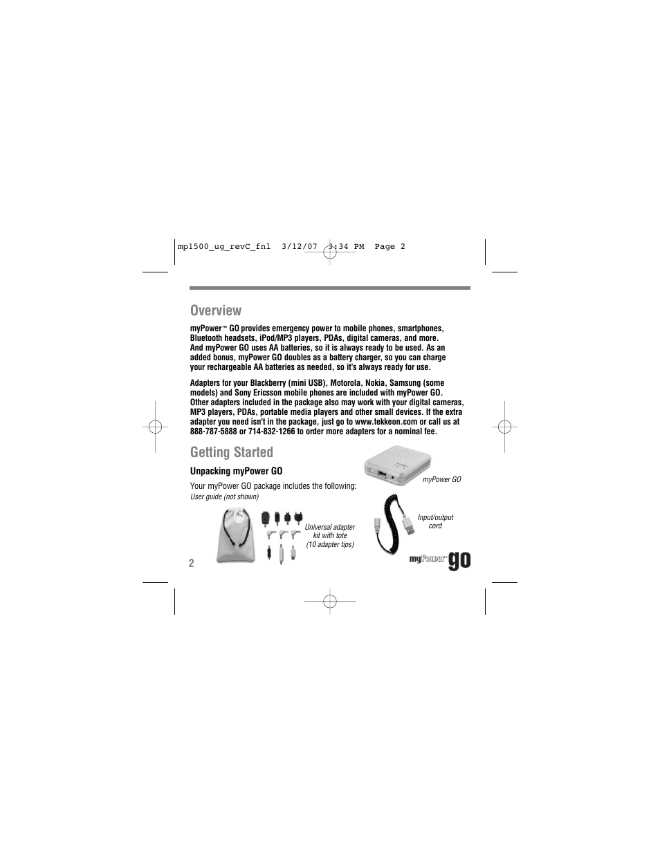 Overview, Getting started | Tekkeon MP1500 User Manual | Page 4 / 16