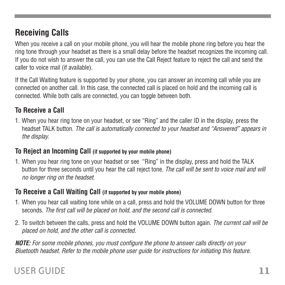 11 user guide, Receiving calls | Tekkeon ET3000 User Manual | Page 13 / 24