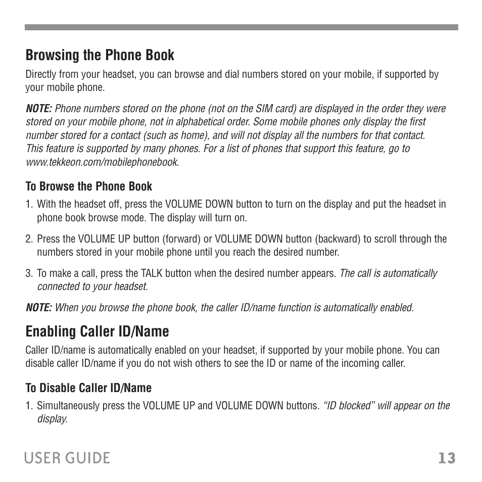 13 user guide, Browsing the phone book, Enabling caller id/name | Tekkeon ET3000 User Manual | Page 15 / 24