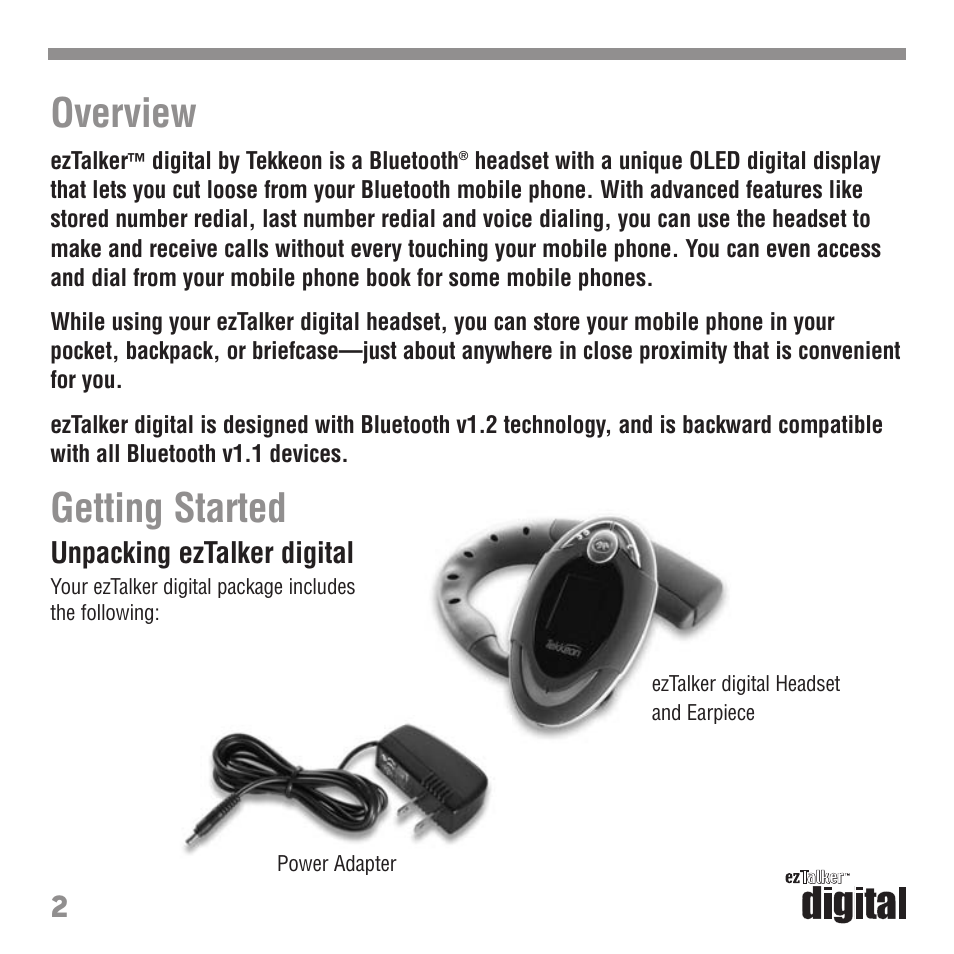 Overview, Getting started, Unpacking eztalker digital | Tekkeon ET3000 User Manual | Page 4 / 24