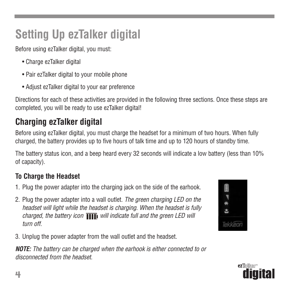 Setting up eztalker digital, Charging eztalker digital | Tekkeon ET3000 User Manual | Page 6 / 24