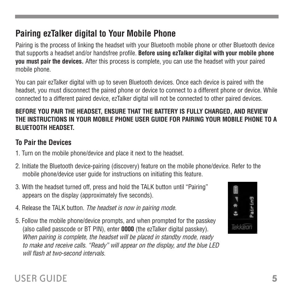 5user guide, Pairing eztalker digital to your mobile phone | Tekkeon ET3000 User Manual | Page 7 / 24