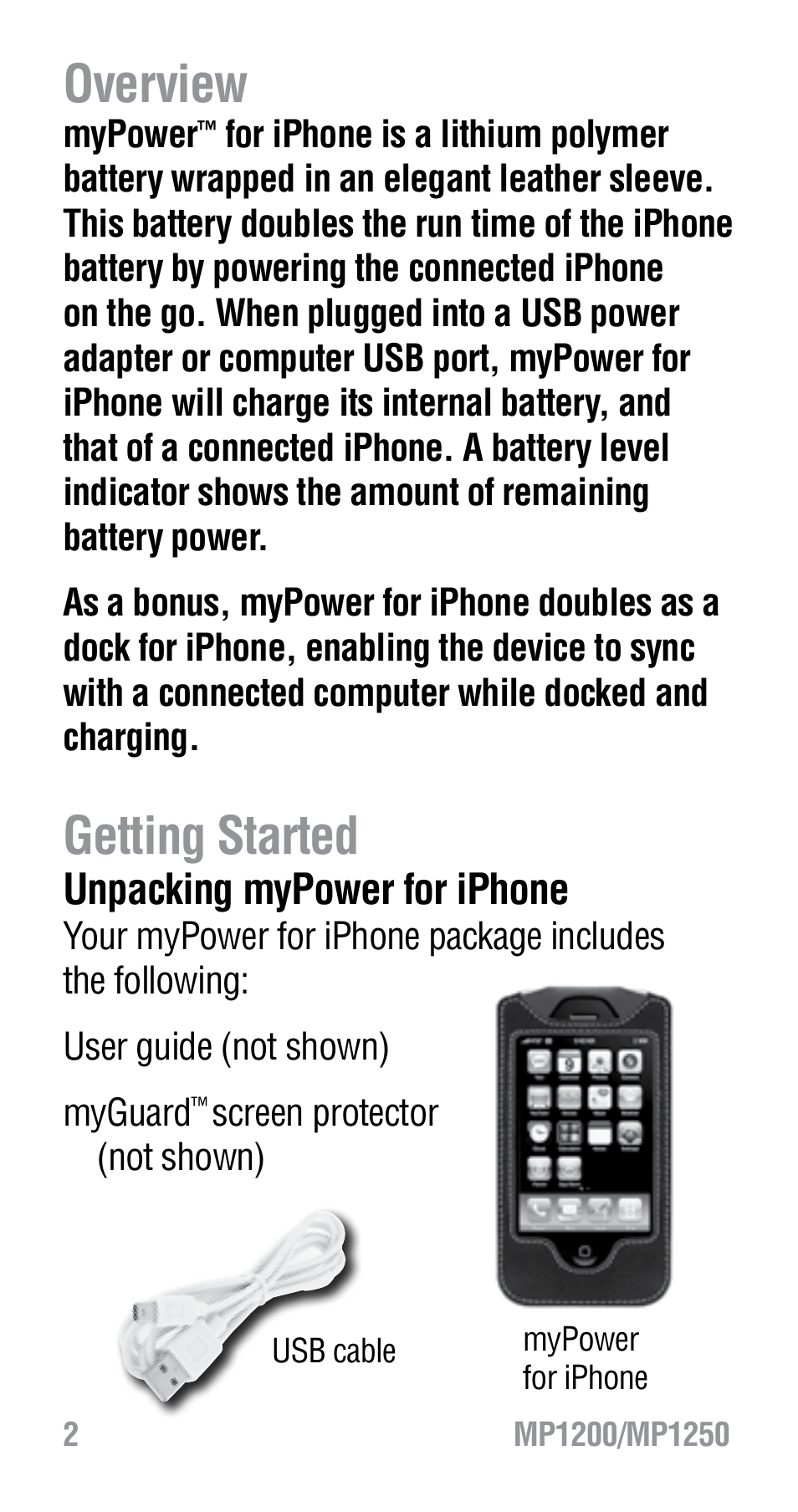 Overview, Getting started, Unpacking mypower for iphone | Tekkeon MP1200 User Manual | Page 4 / 12
