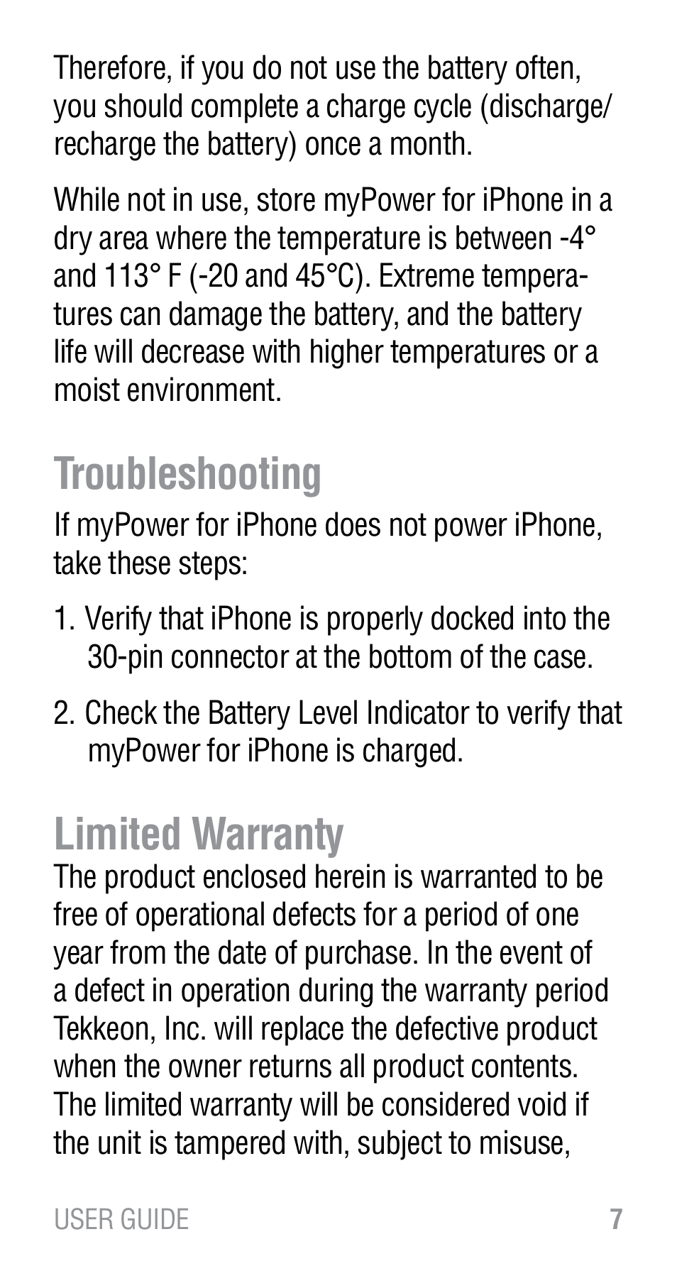 Troubleshooting, Limited warranty | Tekkeon MP1200 User Manual | Page 9 / 12