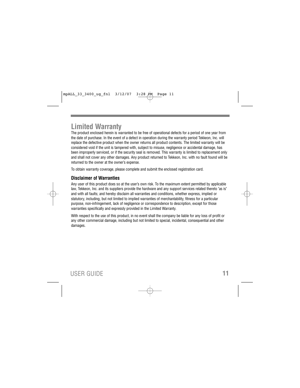 Limited warranty, 11 user guide | Tekkeon MP3400 User Manual | Page 13 / 16