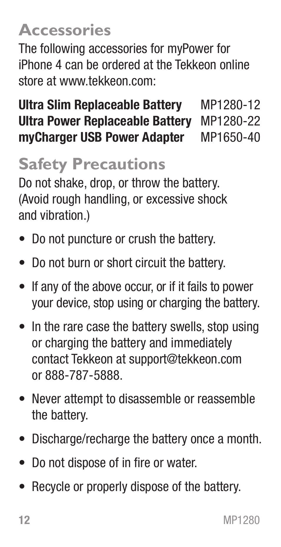 Accessories, Safety precautions | Tekkeon MP1280 User Manual | Page 14 / 16