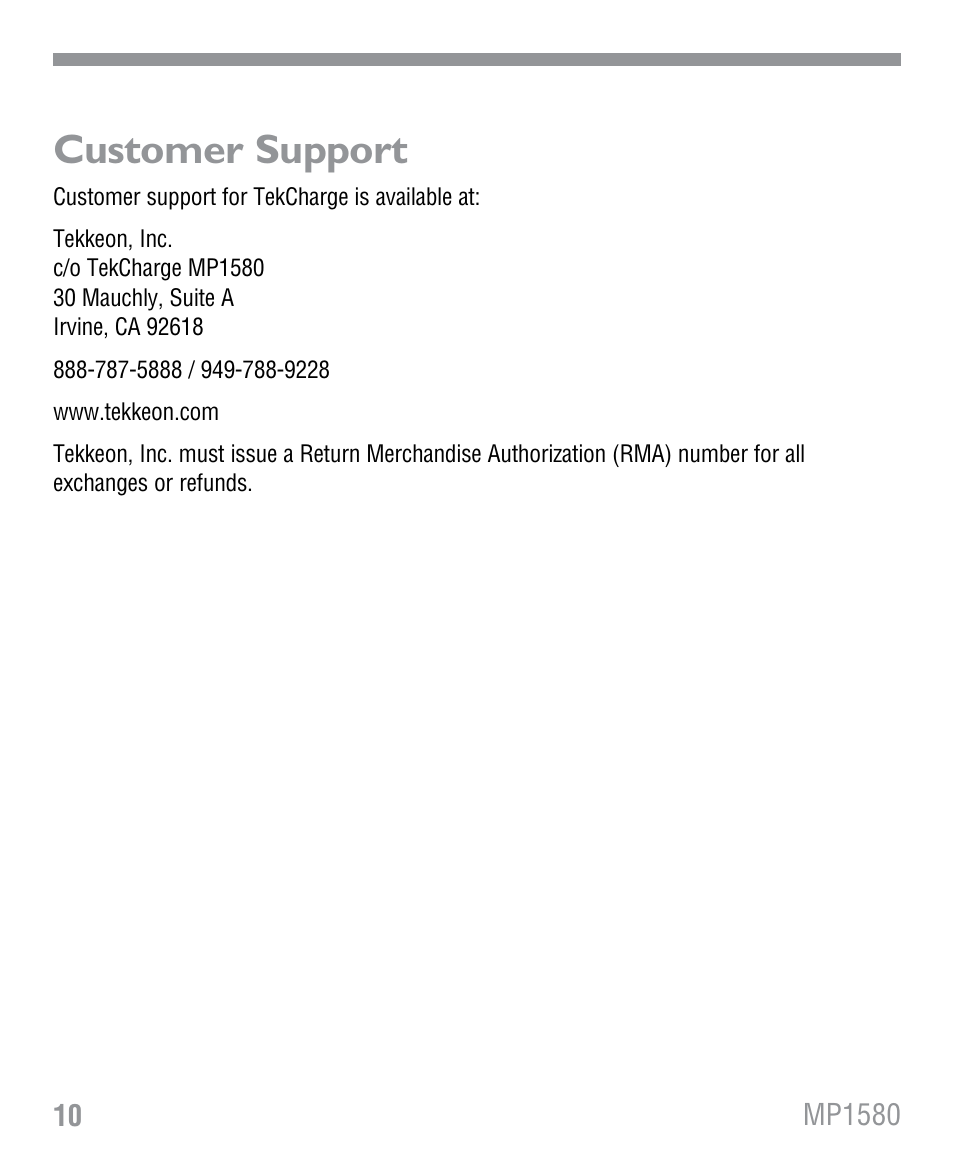 Customer support | Tekkeon MP1580 User Manual | Page 11 / 12