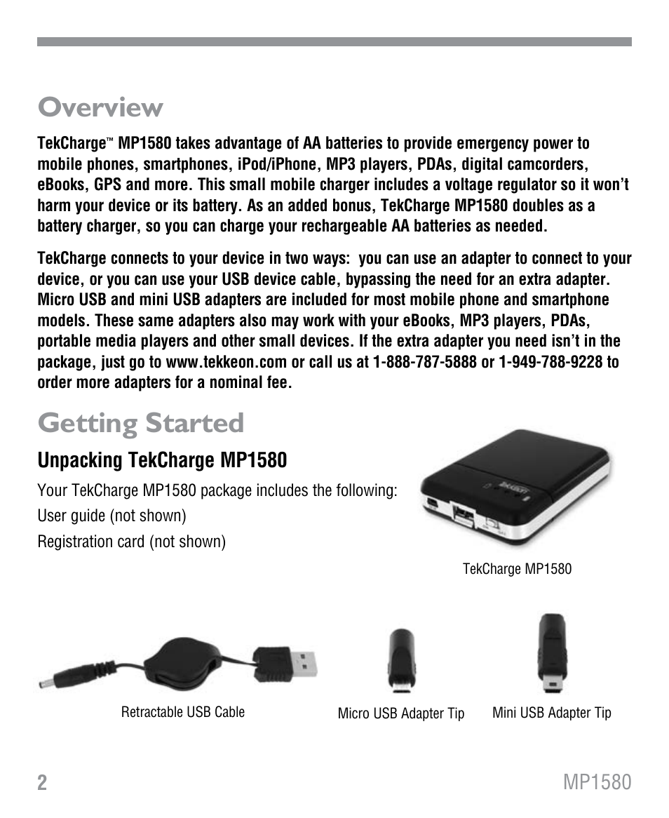 Overview, Getting started, Unpacking tekcharge mp1580 | Tekkeon MP1580 User Manual | Page 3 / 12