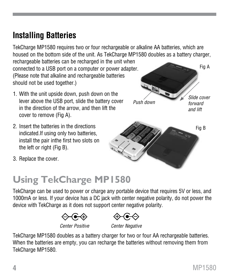 Using tekcharge mp1580, Installing batteries | Tekkeon MP1580 User Manual | Page 5 / 12