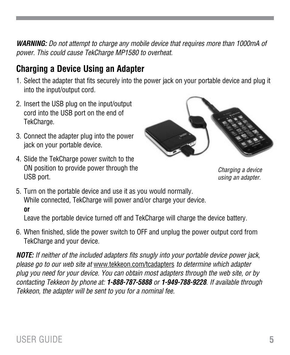 5user guide, Charging a device using an adapter | Tekkeon MP1580 User Manual | Page 6 / 12