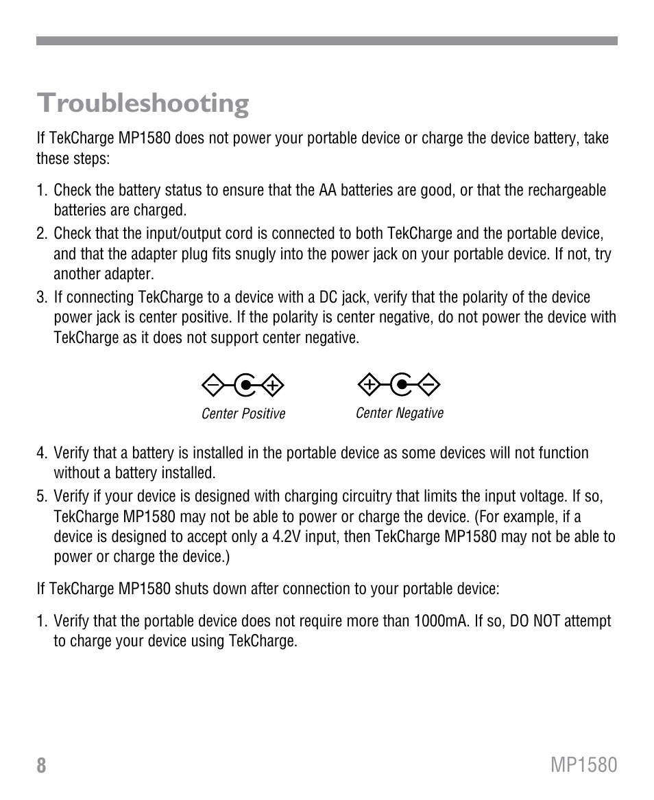 Troubleshooting | Tekkeon MP1580 User Manual | Page 9 / 12