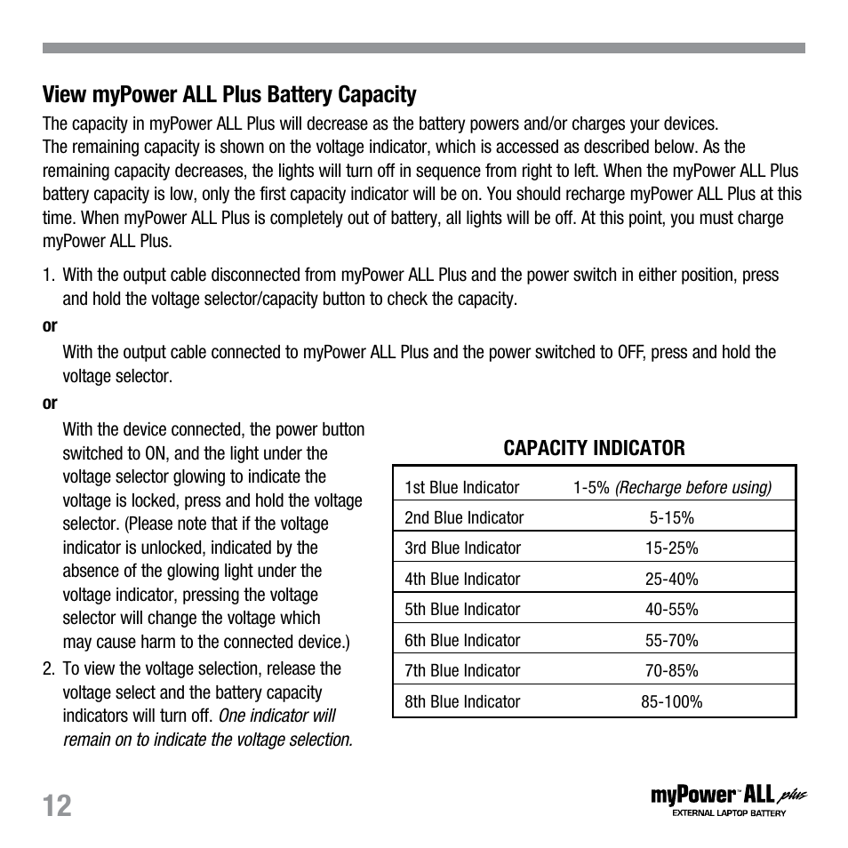 View mypower all plus battery capacity | Tekkeon MP3450 R2 User Manual | Page 13 / 23