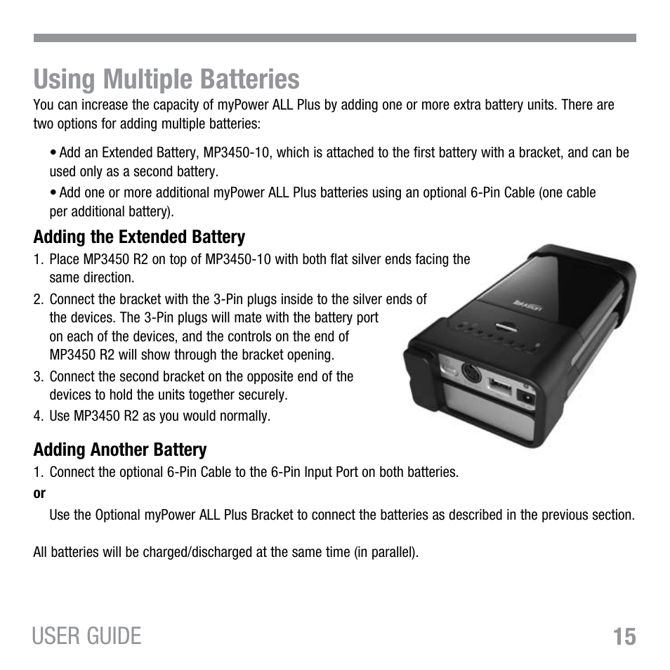 Using multiple batteries, 15 user guide | Tekkeon MP3450 R2 User Manual | Page 16 / 23