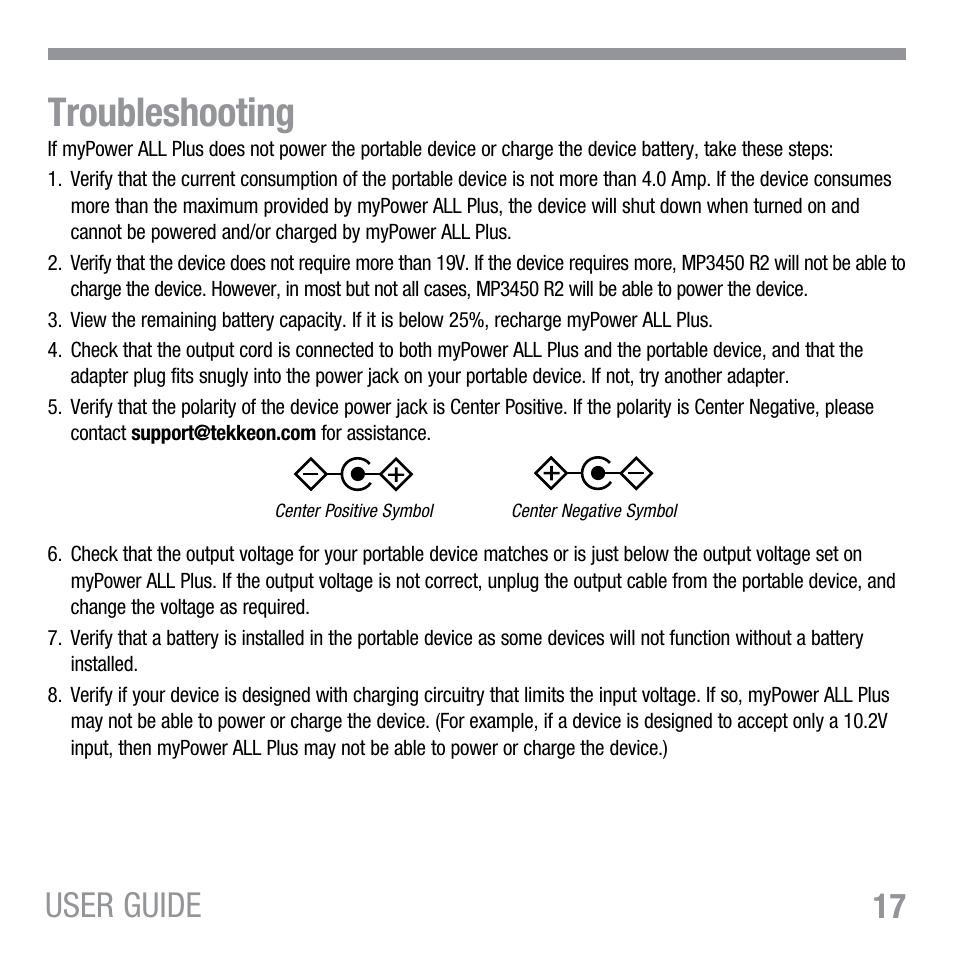 Troubleshooting, 17 user guide | Tekkeon MP3450 R2 User Manual | Page 18 / 23