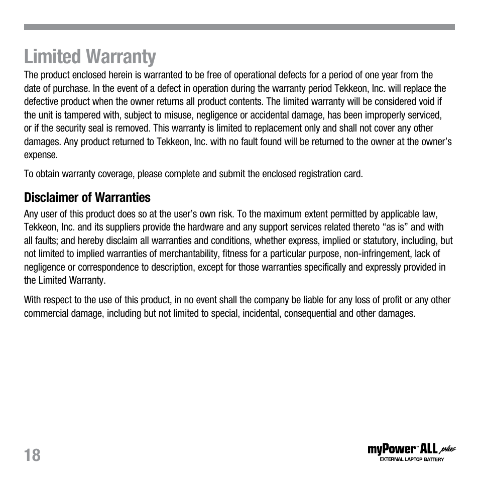 Limited warranty | Tekkeon MP3450 R2 User Manual | Page 19 / 23