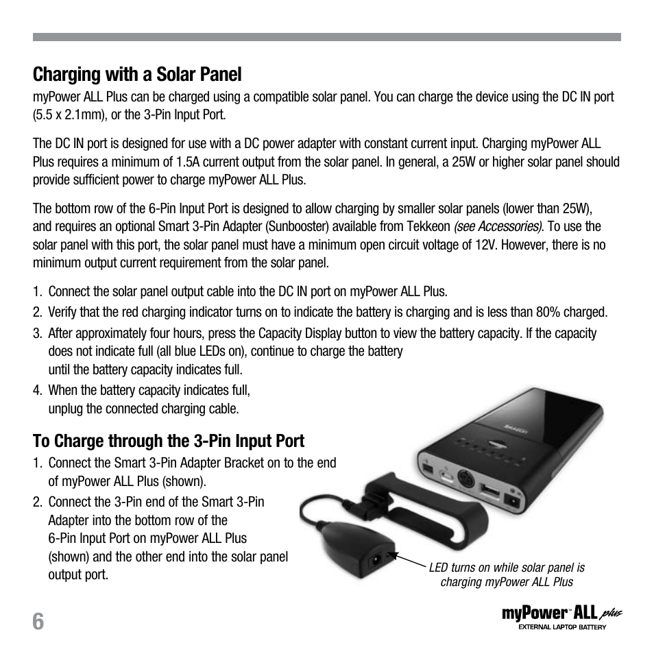 Charging with a solar panel | Tekkeon MP3450 R2 User Manual | Page 7 / 23