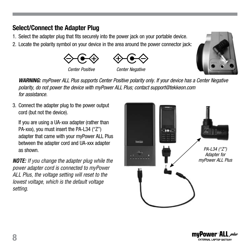 Select/connect the adapter plug | Tekkeon MP3450 R2 User Manual | Page 9 / 23