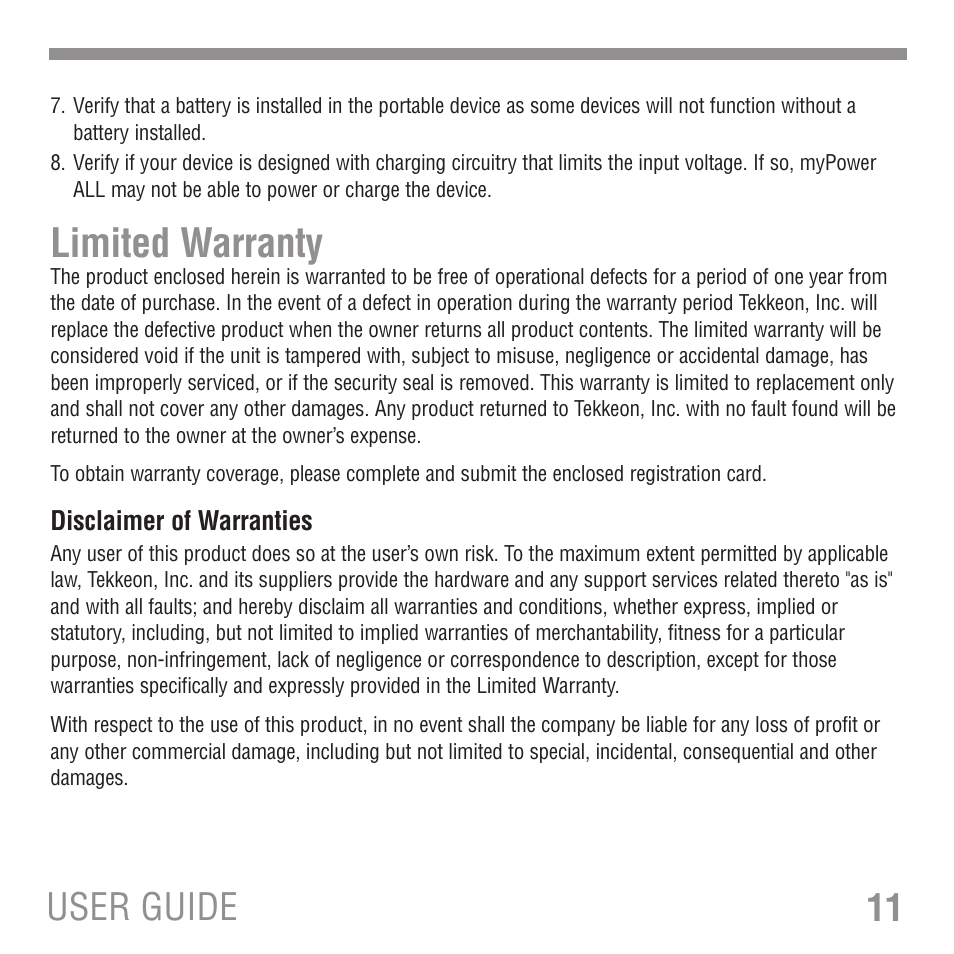 Limited warranty, 11 user guide | Tekkeon MP3300 User Manual | Page 13 / 16