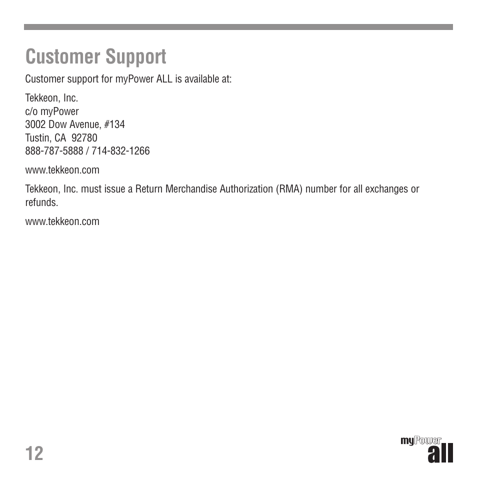 Customer support | Tekkeon MP3300 User Manual | Page 14 / 16